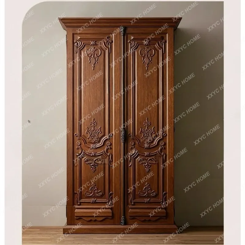 XXFactory Direct  Retro Double Door Wardrobe Solid Wood Modern Simple Wardrobe Carved Large Space