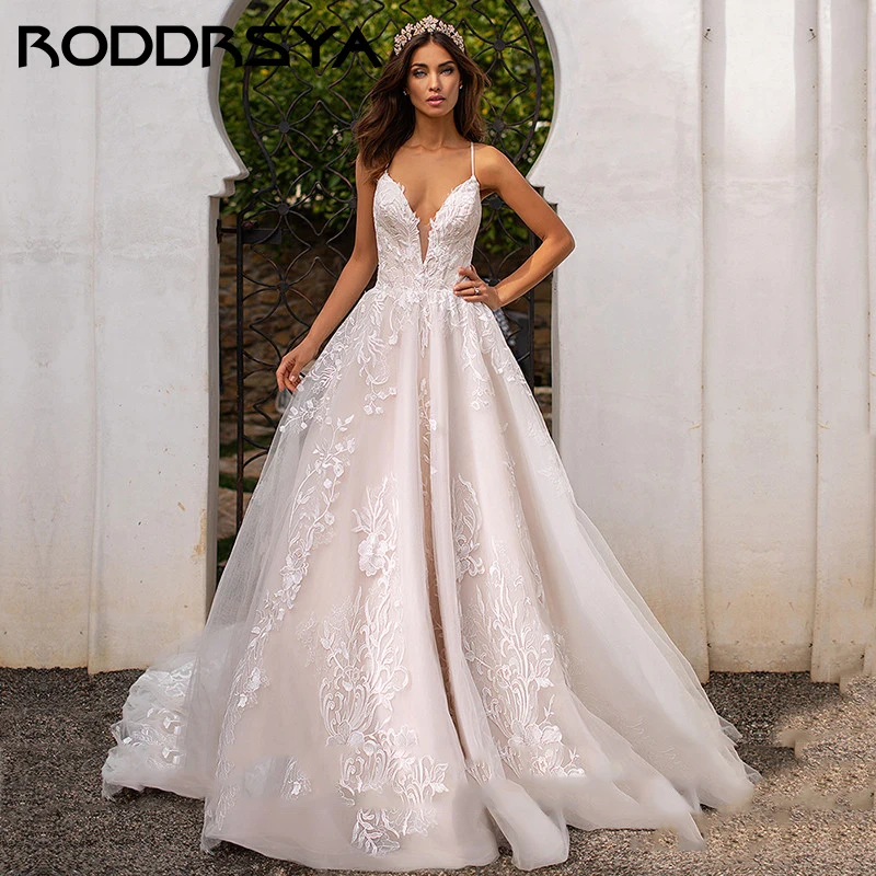 

RODDRSYA Romantic Tulle Applique Princess Wedding Dress Simple Spaghetti Strap Brautkleid Sexy V-Neck Lace Up Back Bridal Gown