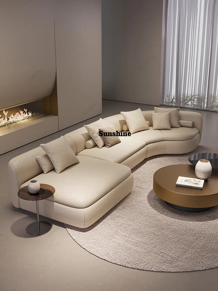 Curved leather sofa, semi-circular living room Italian light luxury minimalist modern simple high-end atmosphere