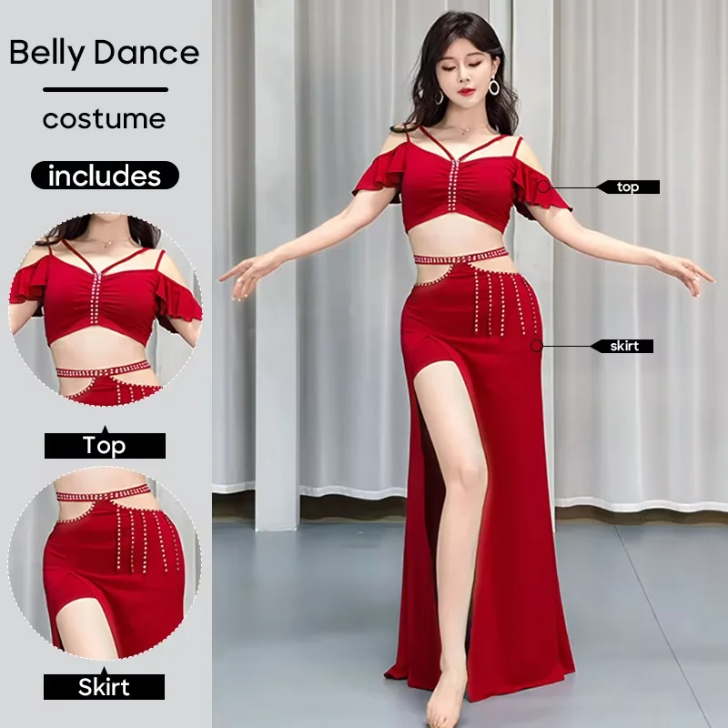Women Belly Dance 2 Piece Costume Set Sexy Short Sleeves Top & Long Skirt Belly Dancing Performance Wear