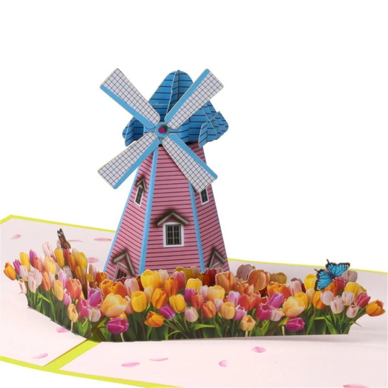 Beautiful 3D Foldable Bouquets Cards Love 3D Rural Windmills Foldable Greeting Card for Envelope for Women's Day Gift