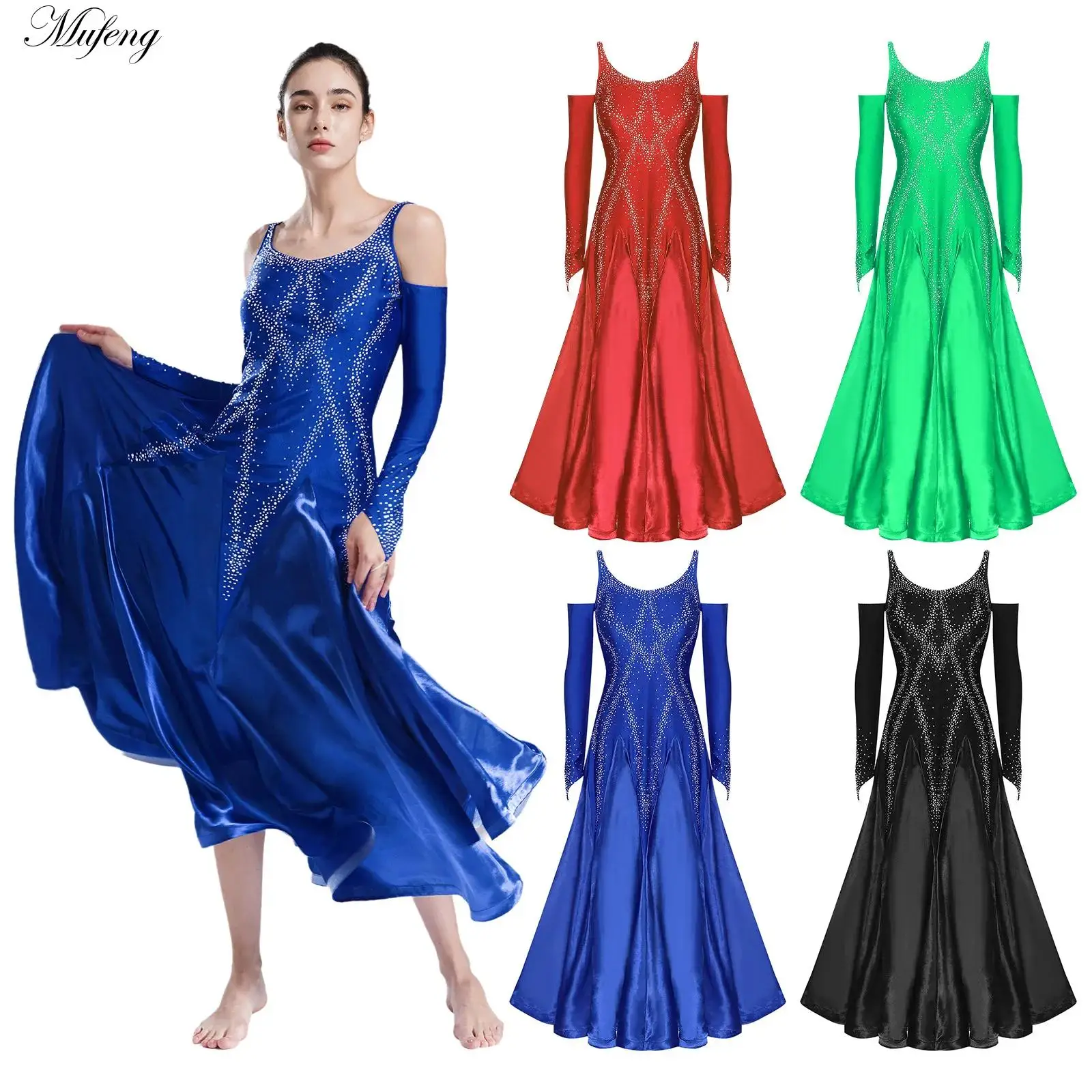 Womens Rhinestones Ballroom Dancing Dress Glittery Flared Professional Modern Waltz Tango Practice Competition Performance Dress