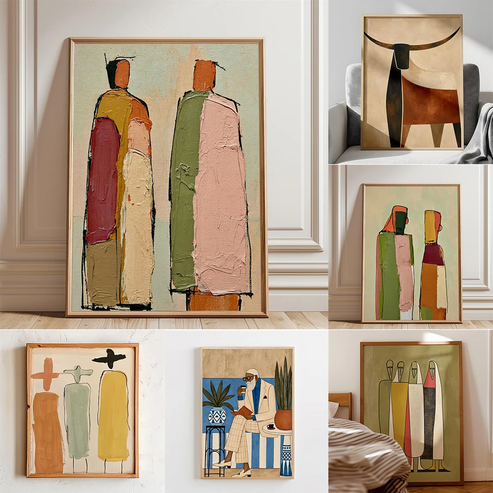 Four Figures in Robes Poster Rustic Folk Art Print Wall Art Prints Couple Standing Together Minimalist Folk Art Canvas Painting
