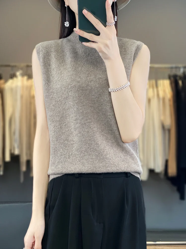 Women Cashmere Sweater 100% Merino Wool Knitted Sleeveless  Pullover Spring Summer Mock Neck Knitwear Soft Casual Fashion Top