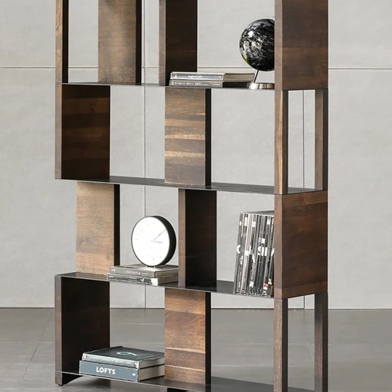 

Nordic Industrial Style Solid Wood Display Stand Italian Minimalist Stainless Steel Bookcase Study Light Luxury Storage Rack
