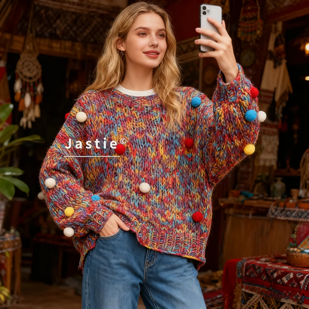 Retro Hand-crocheted Sweater 2026 Autumn/winter Loose Round Neck 3D Color-blocked Pom-pom Long Sleeves Warm Outerwear Sweater