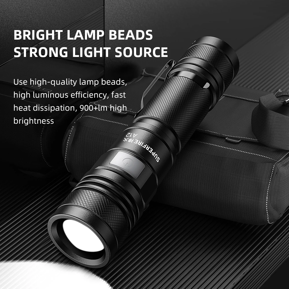 SuperFire A12 High power led flashlight 15W Zoom Portable Torch 200m Long Range Rechargeable usb-c Camping Fishing Lantern