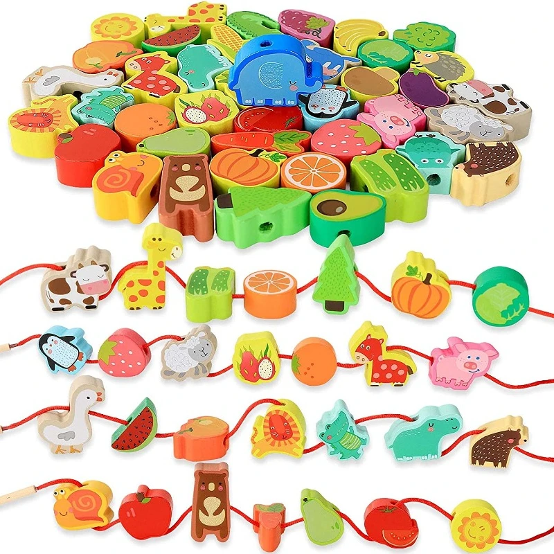 Monterssori Baby DIY Wooden Toys Cartoon Fruit Animal Stringing Threading Wooden Beads Educational Toys for Kids Christmas Gift