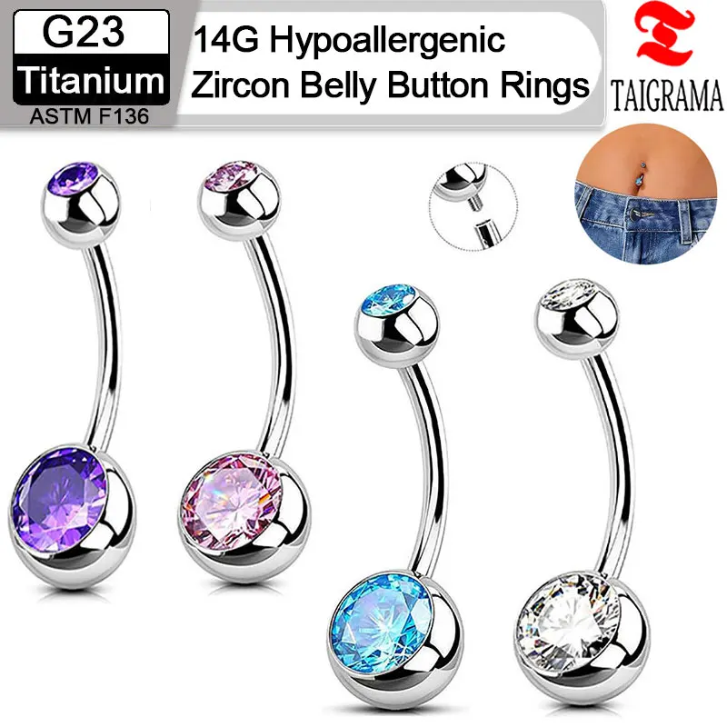 

G23 Titanium Belly Button Ring 14G Zircon Internally Threaded Belly Button Rings Hypoallergenic Round Belly Ring Navel Piercing