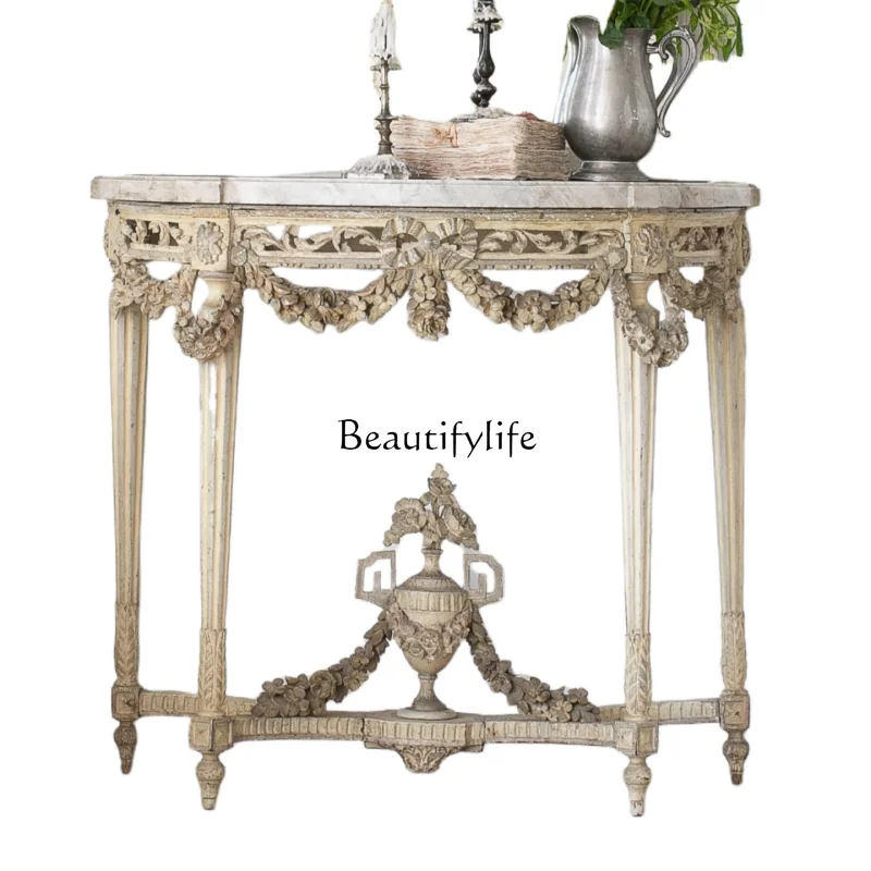 

Classical gold foil old luxury full solid wood carving flower entrance table French decoration