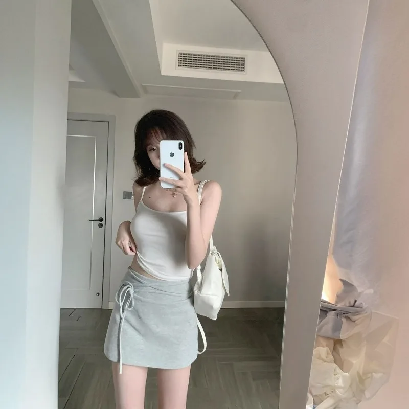 夏の新痩身 A ラインシンプルなヒップハグ女性のスカート和風ストラップデザイン弾性ウエスト白ショートスカート
