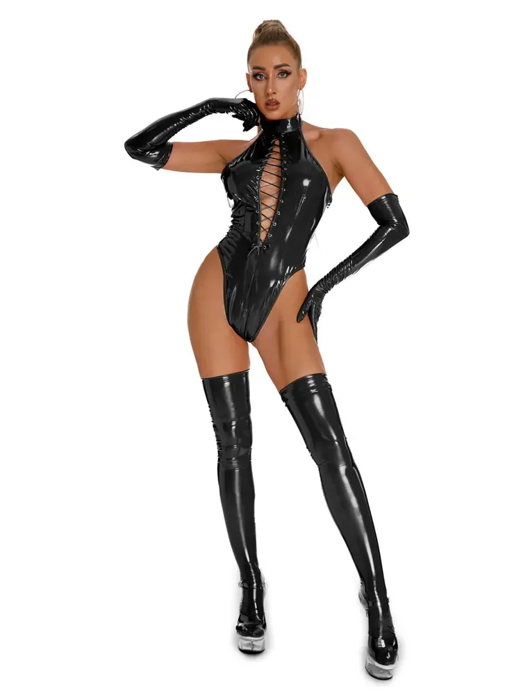 Sexy Women Shiny Bandage Hollow Out High Cut Bodysuit Open Crotch One Piece Thong Oil Gloosy Elastic Leotard Backless Tight