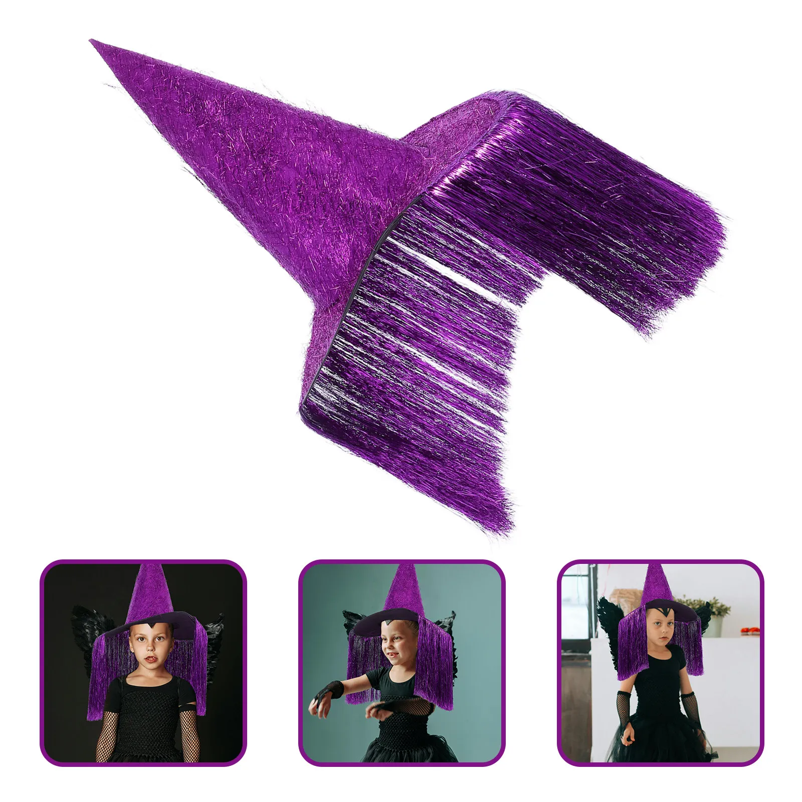 Sombrero de bruja para niños con borlas moradas, tela Oxford, ligero y cómodo, accesorio para fiesta de Halloween, sombrero de cosplay con tema de cumpleaños