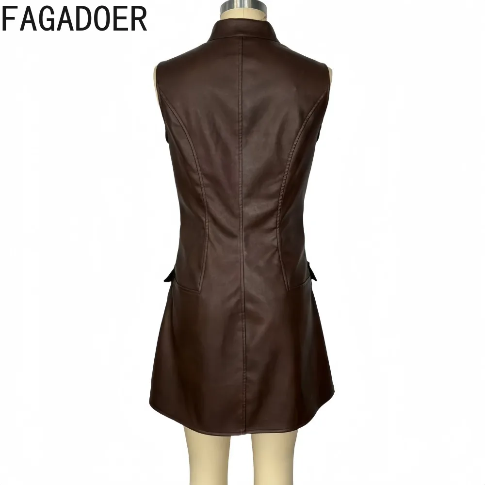 FAGADOER ファッションレザージッパーパッチワークボディコンドレス女性のためのソリッドカラーノースリーブドレス女性ストリートウェア Vestidos 新しい