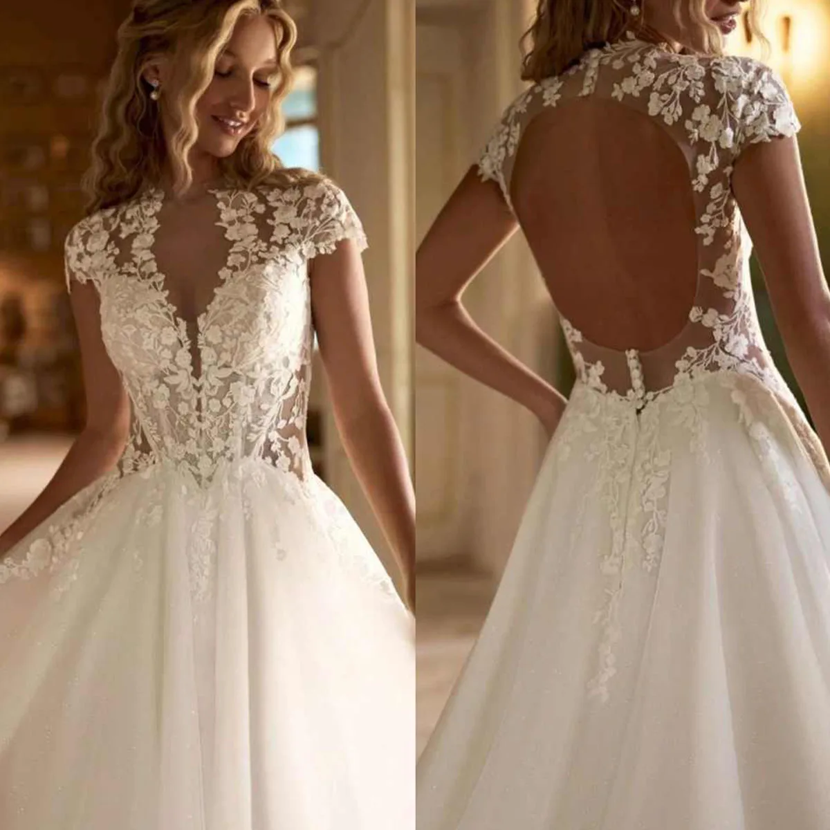 

Customized 3D Flowers High Quality A Line Wedding Dress For Girls Sleeveless Lace Luxury Wedding Dresses Open Back