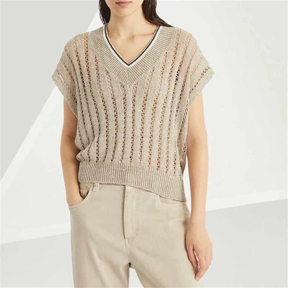 

Linen Dazzling Ribbed Net Knit T-shirt High Quality Sleeveless Top With Small Sequins 2025 Hot Sale Women's Clothing