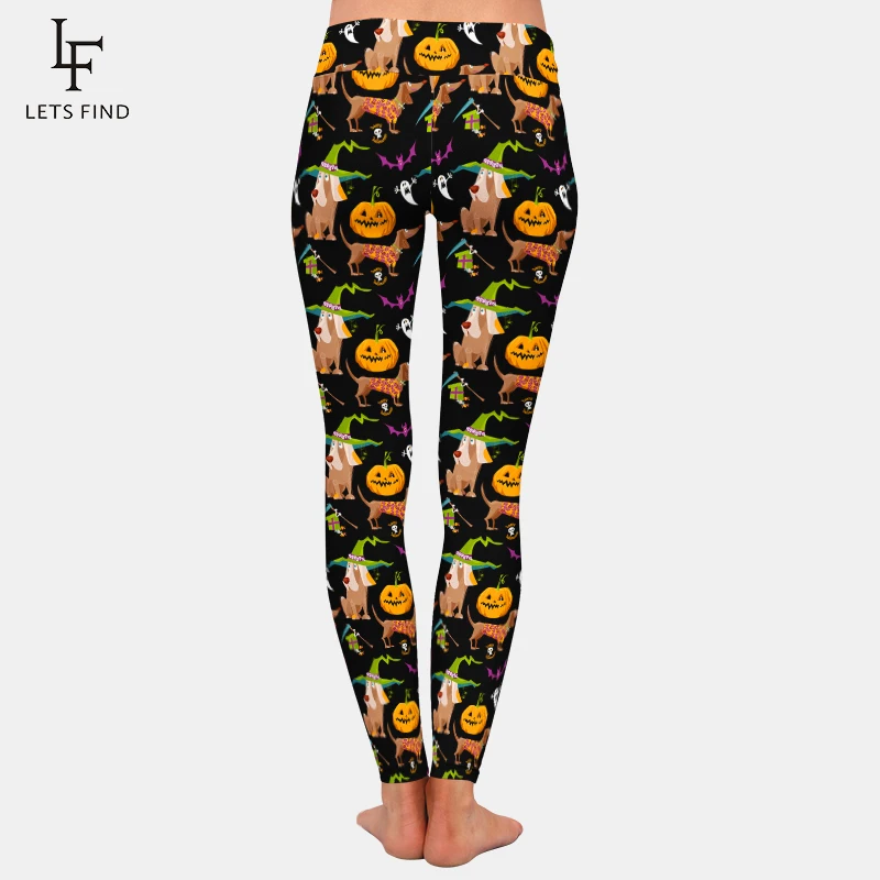 LETSFIND Mode 3D Halloween Anjing Hantu Kelelawar dan Legging Motif Labu Legging Pinggang Tinggi Elastis Celana Kebugaran