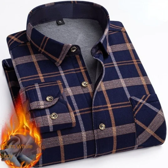 2022 Autumn/Winter New Men\'s Fashion Casual Plaid Long Sleeve Shirt Men\'s Fleece and Thick Warm High Quality Large Size Shirt