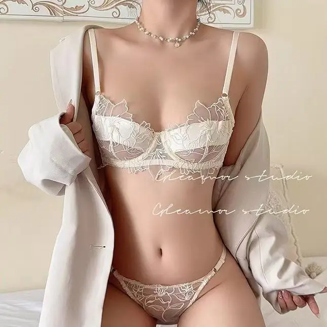 

Sexy Super Thin Lace Bra Set Women's Underwear Red Lucky Year Embroidered Floral Pattern Gathered /4 Cup Polyester Fabric