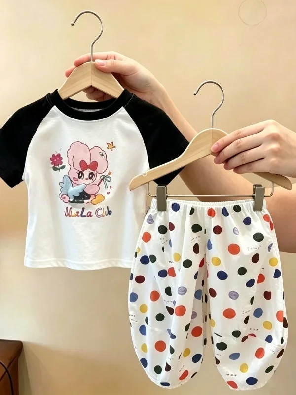 

Girls Summer New Color Block Top Set Short Sleeve Korean Style Dopaamine Pants Two Piece Suit Baby Clothes Cotton Elastic