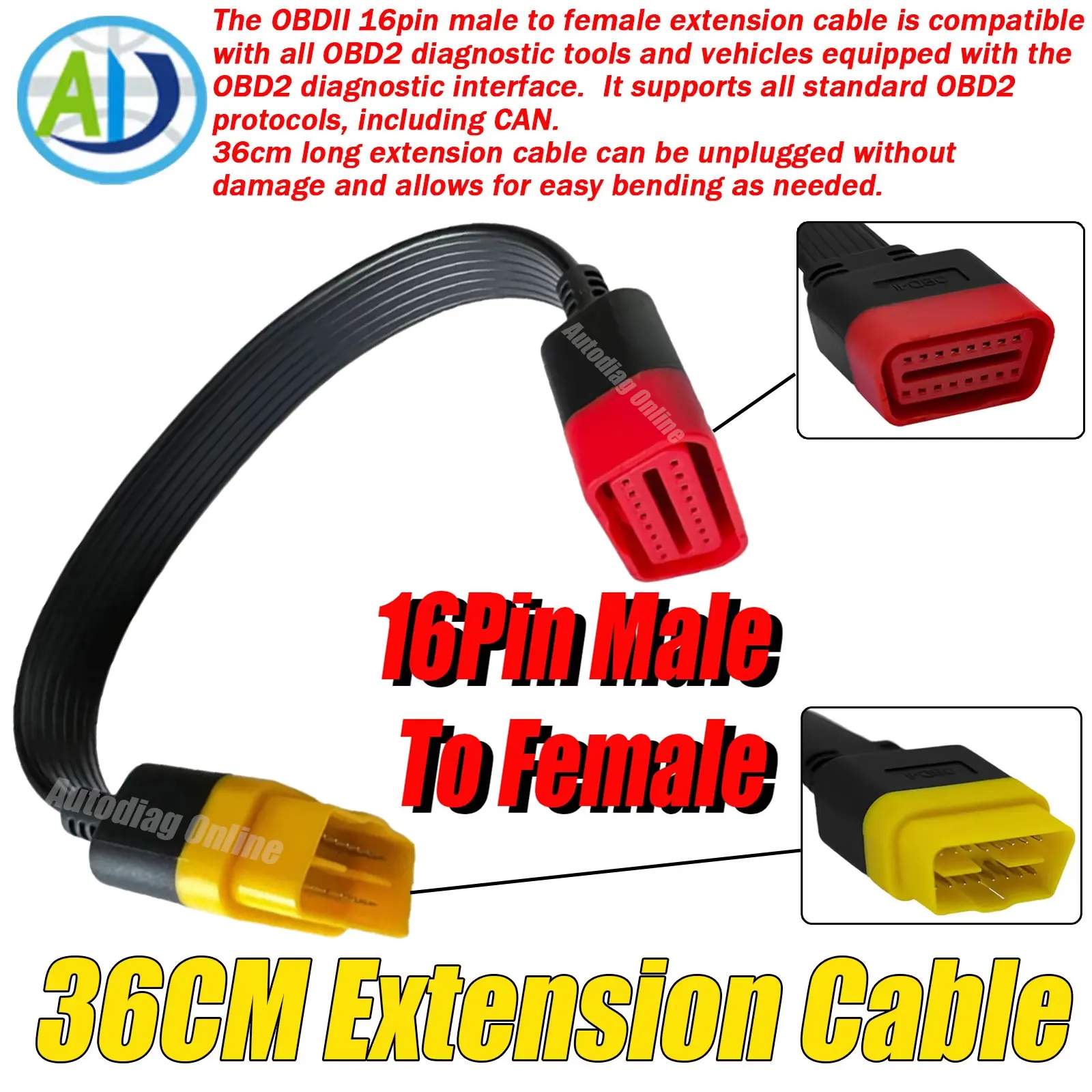 

2025 New 36CM OBD2 Diagnostic Extension Cable 16Pin Male To 16Pin Female for Thinkdiag Easydiag Launch OBDII Extension Cable