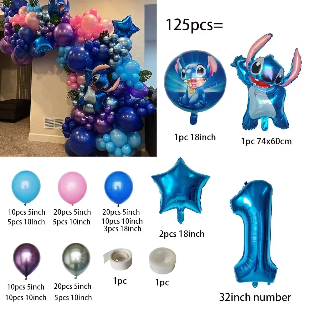 125pcs Disney Lilo Stitch Balloon Set Pink Blue Stitch Foil Balloon Round Blue Latex Ball for Kid Birthday Party Decoration