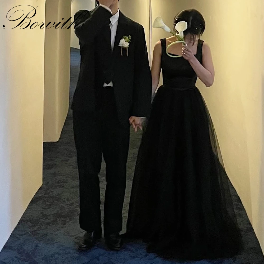 

Bowith Square Collar Black Korean Wedding Dresses Customized A-Line Sleeveless Bridal Gown Photo Shoot Evening Dresses