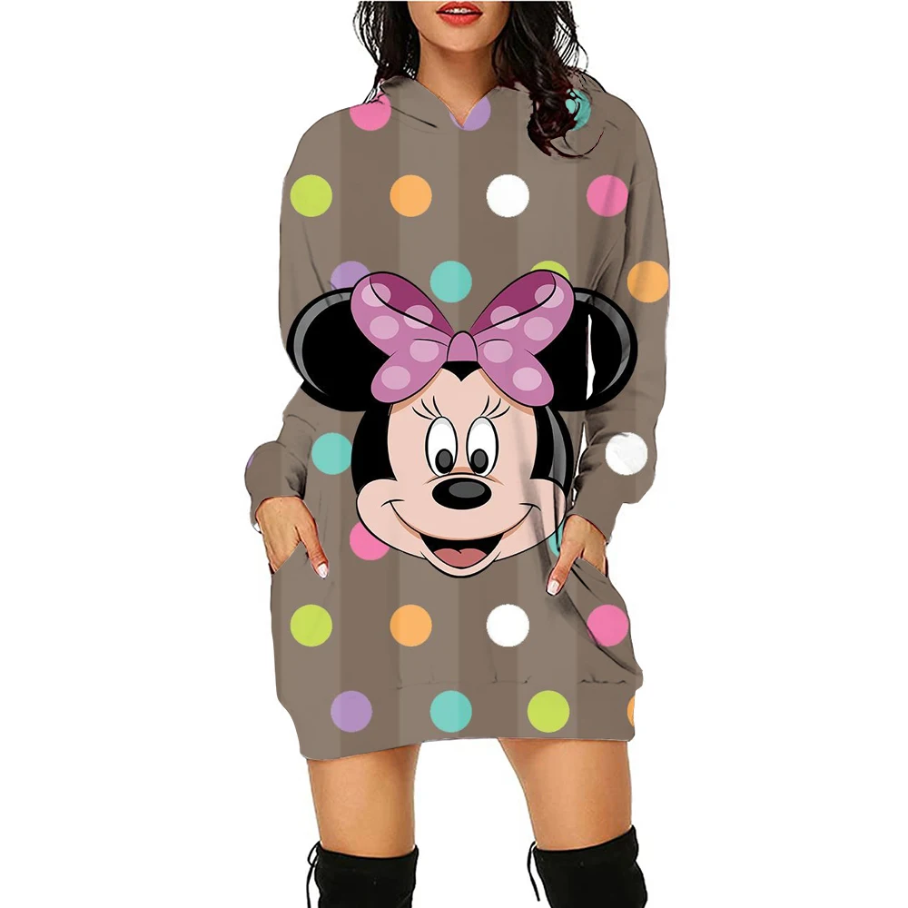 Disney Minnie Mickey Mouse print Hoodie Dress Women\'s Daily Workout Hoodies Long Sleeve Pullover Autumn Winter Loose Dres