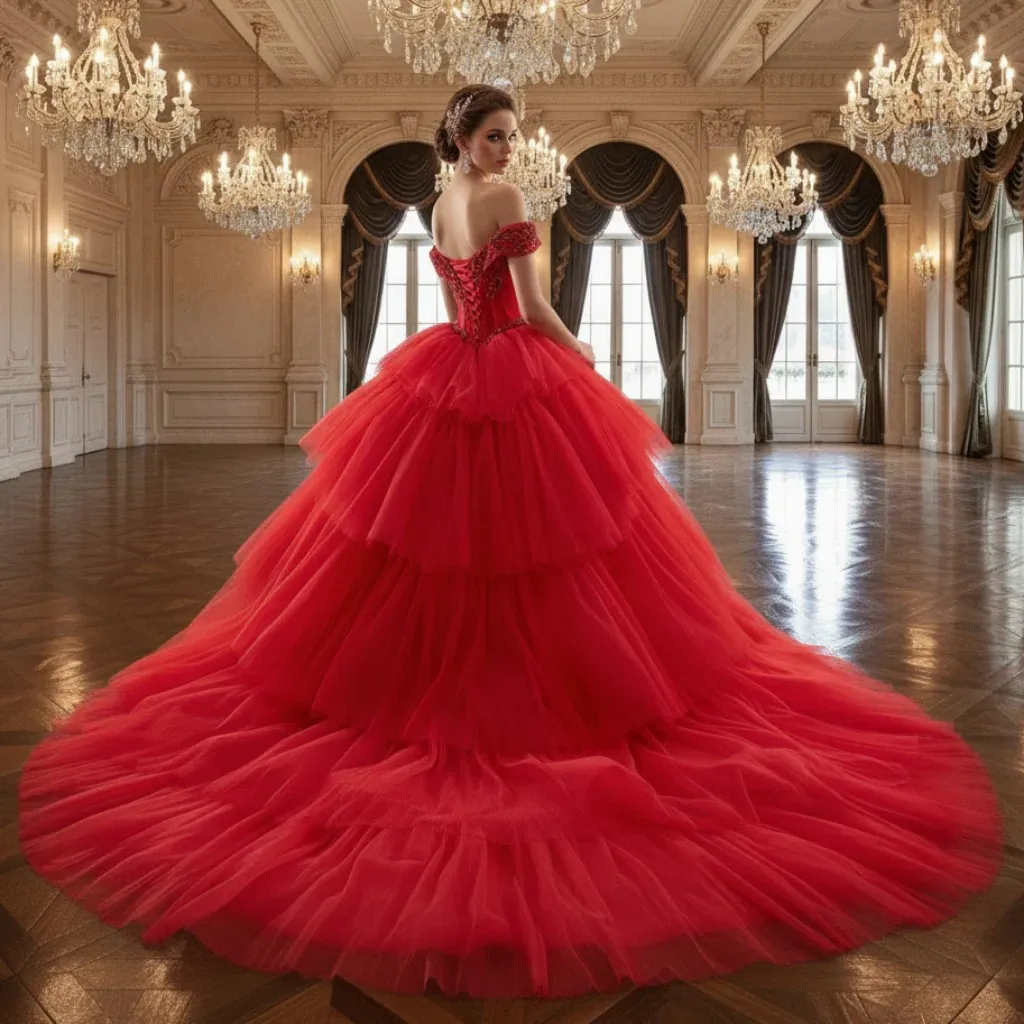 Rosymae Off-the-Shoulder Romantic Ball Gown Princess Red Quinceanera Dress Elegant Female Fashionable Special Occasion Wear