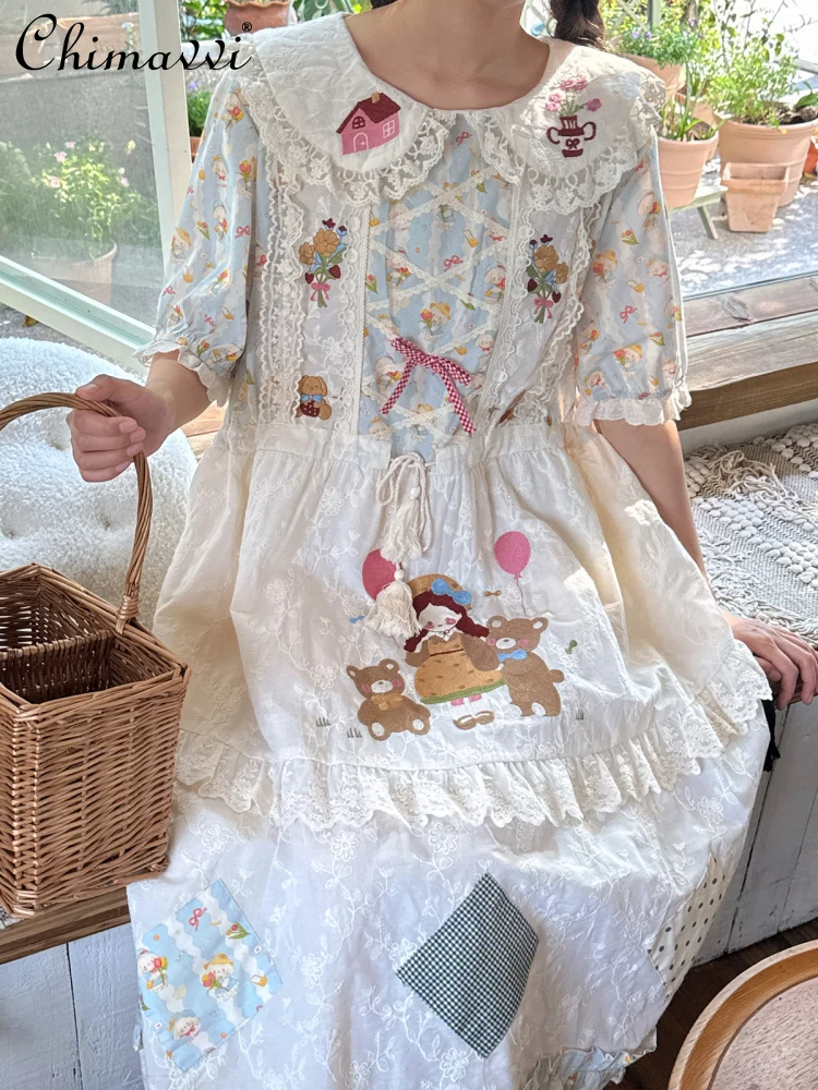 

2025 New Court Style Cute Bear Pastoral Dress Sweet Girl Fairy Lace Doll Collar Loose Elegant Long Princess Dresses for Women