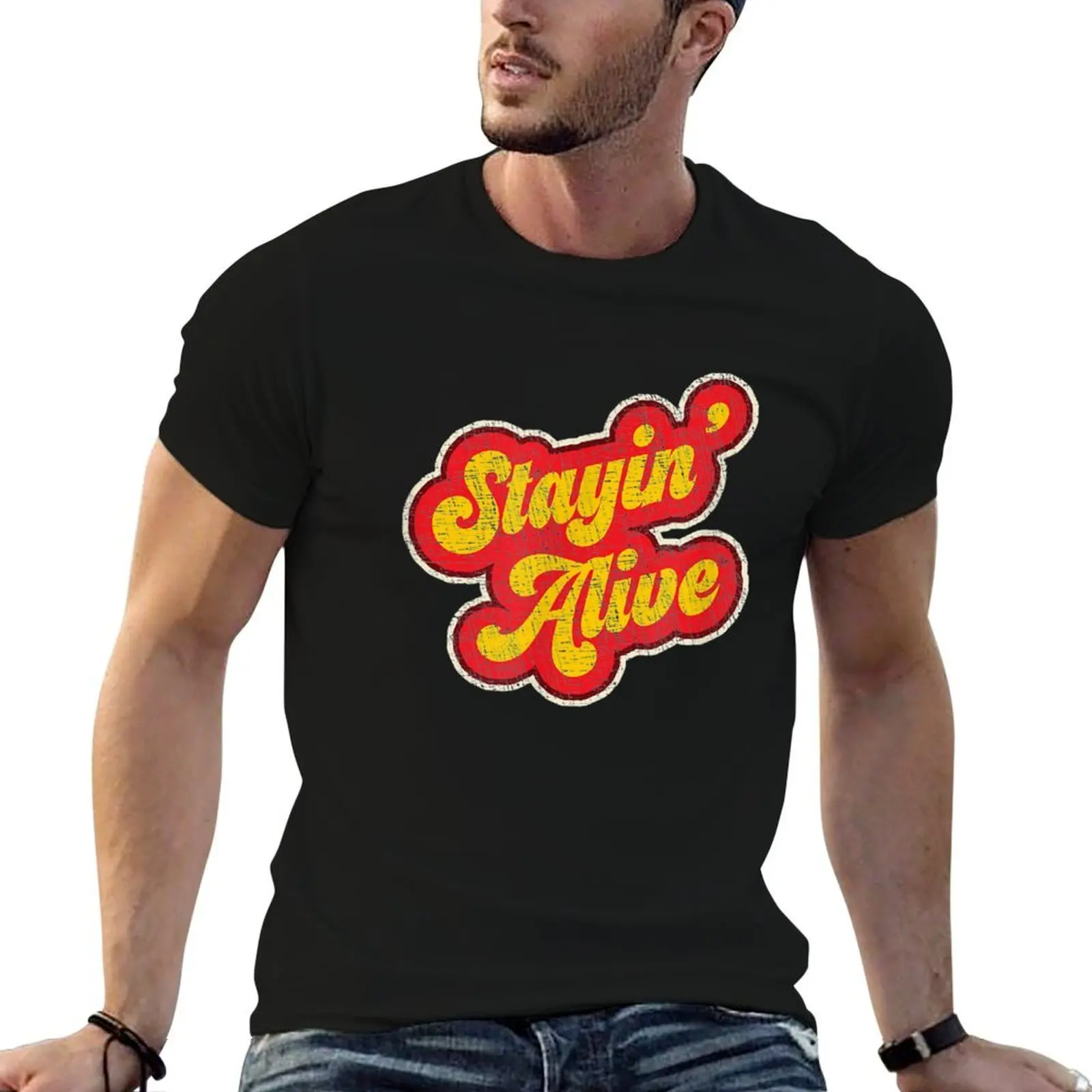 T-shirt vintage Stayin' Alive des années 1970, effet usé, grande taille, respirant