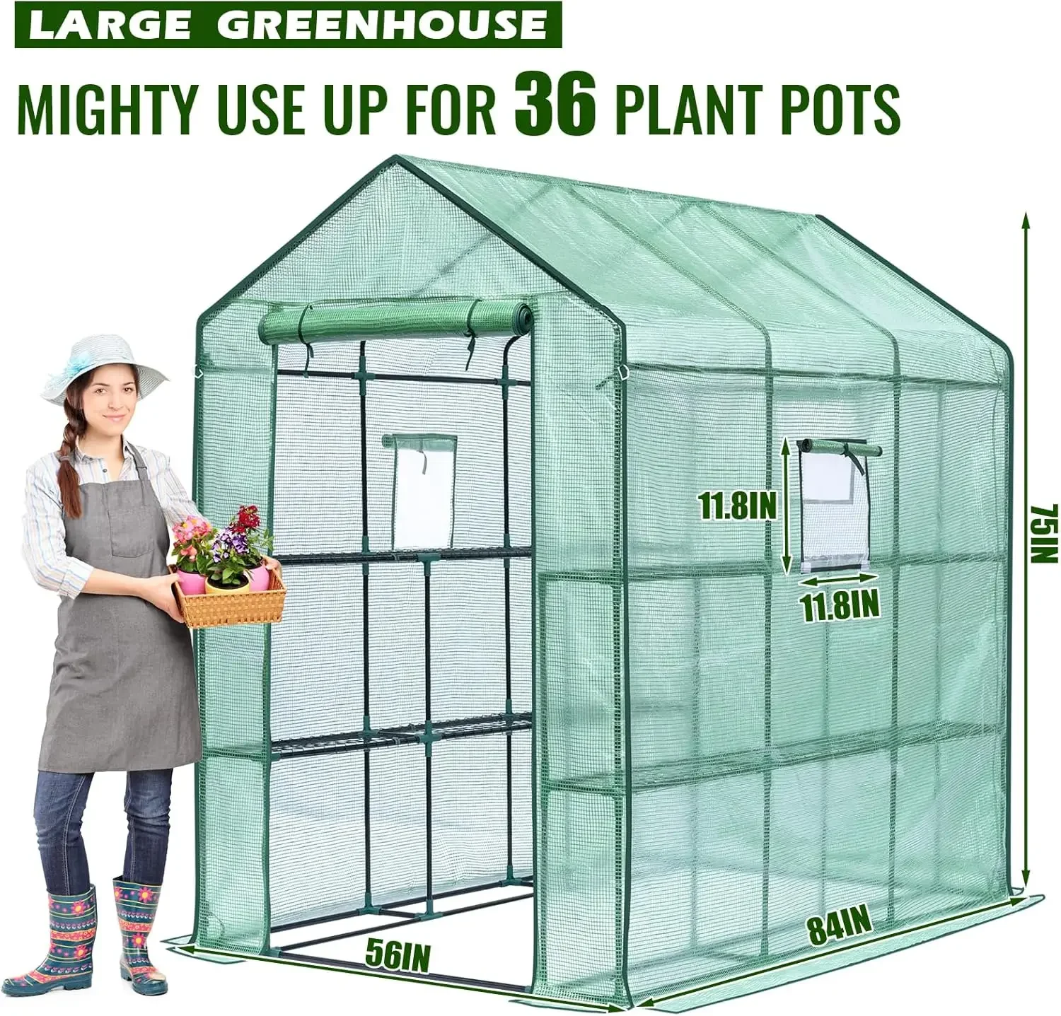 56 x 85 x 75'' Greenhouses for Outdoors, Portable Greenhouse Kit with Mesh Side Windows, PE Cover, 8 Shelve