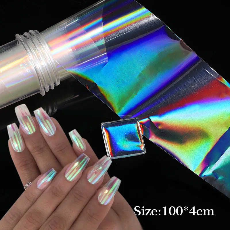 4X100Cm Aurora Nail Transfer Stickers Glitter Laser Nagelfolie Spiegeleffect Nail Transfer Sticker Holografische Marmeren Manicure Wrap