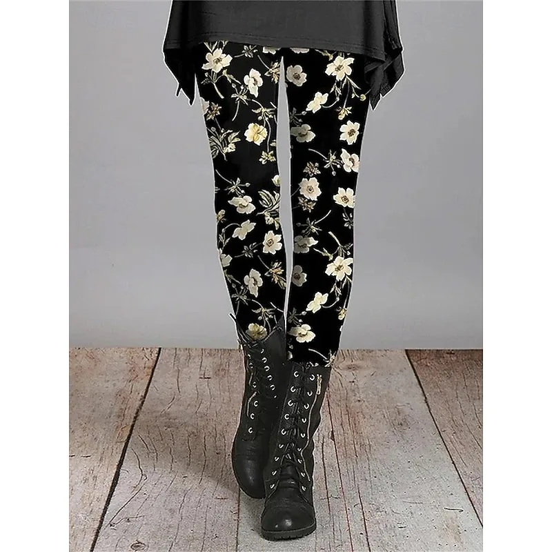 Leggings acogedores con estampado de plantas para mujer, ropa de calle informal con cintura elástica, cómodos para exteriores, para vacaciones al aire libre