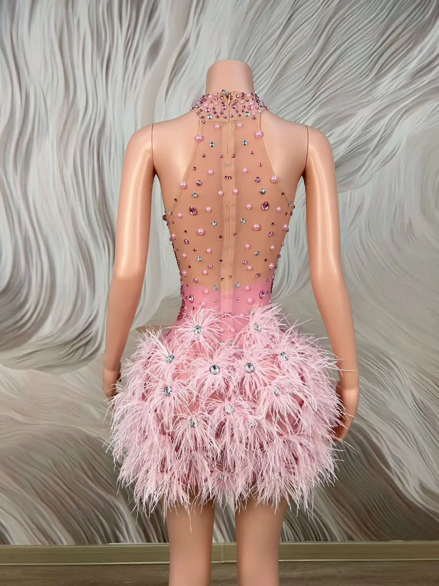 Haitang Elegant Pink Gradient Crystal Halter Dress Decorative Bow Choker Fluffy Feather Hem Cutout Waist Evening Gown