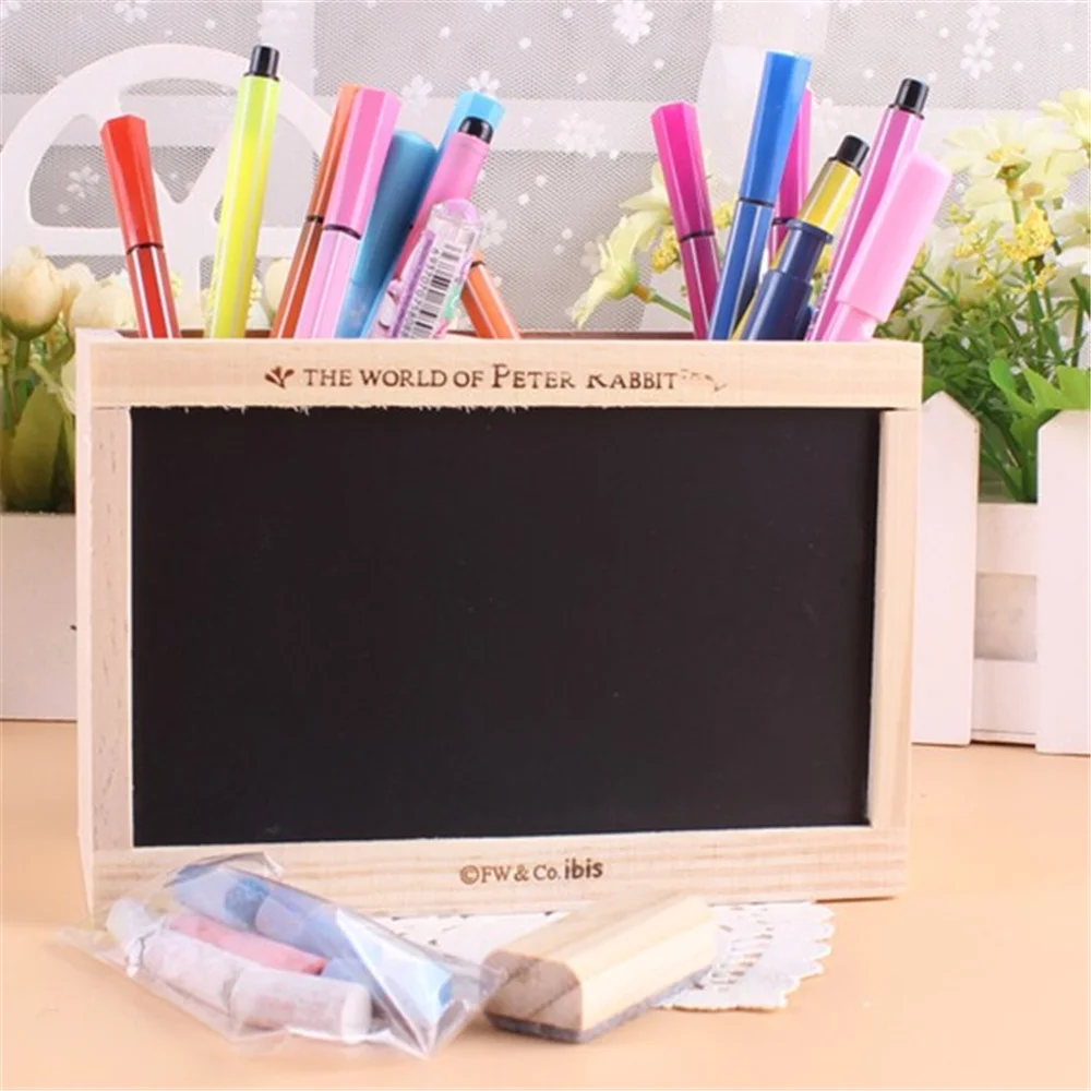 

Double Lattice Wooden Pen Holder with Blackboard Kawaii Desk Tidy Pencil Holder Desktop Pen Pot Creative Office Accessories