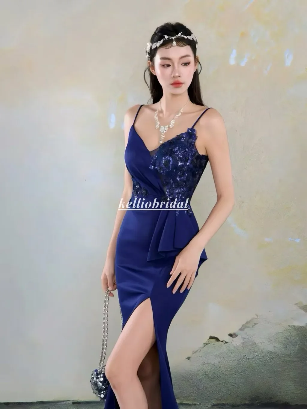 Robe de soirée bleu marine personnalisée, bretelles Spaghetti, dentelle appliquée, sirène, mode dame, robe de célébrité, MXY202510