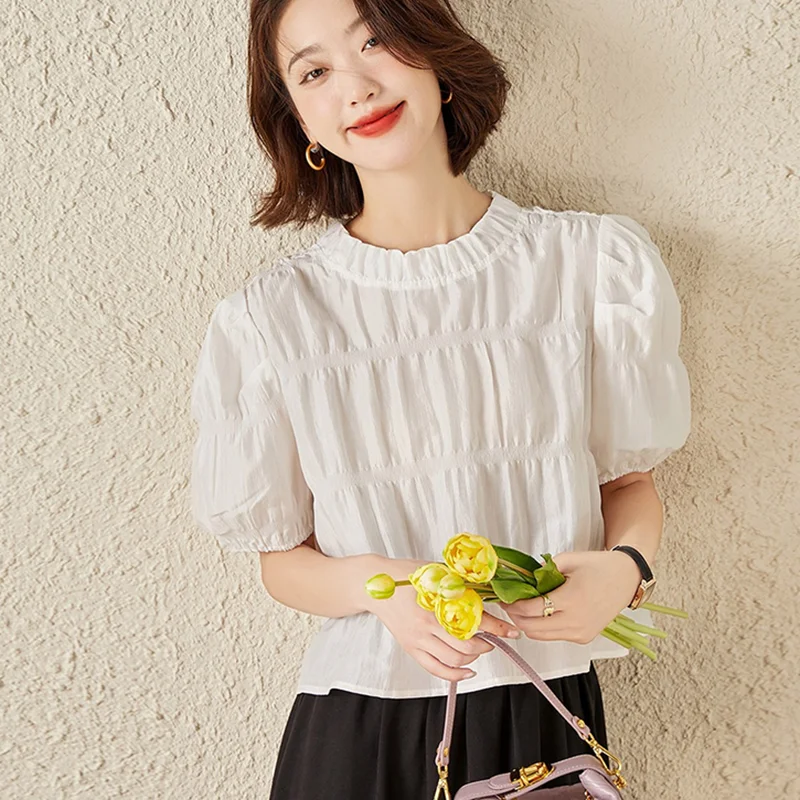 

Fashion O-Neck Solid Color Folds Puff Sleeve Blouses Female Clothing 2024 Summer New Loose Short Sleeve Casual Tops Sweet Shirts