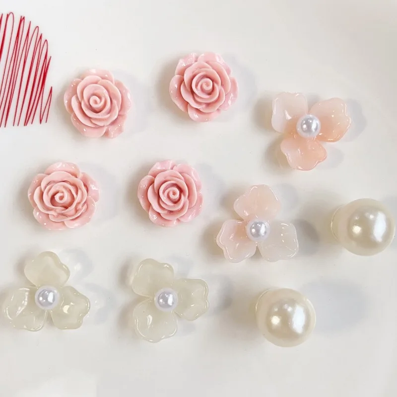 Candy Pink Rose & Clover Flower Shoe Charms Set Accessories Hole Shoe Buckle Summer Resin Floral DIY Ballet Shoes Decorations