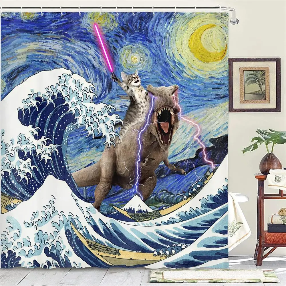 Funny Cat Shower Curtains Fun Animal Riding Dinosaur Nautical Blue Ocean Sea Waves Bath Curtain Kids Bathroom Decor with Hooks