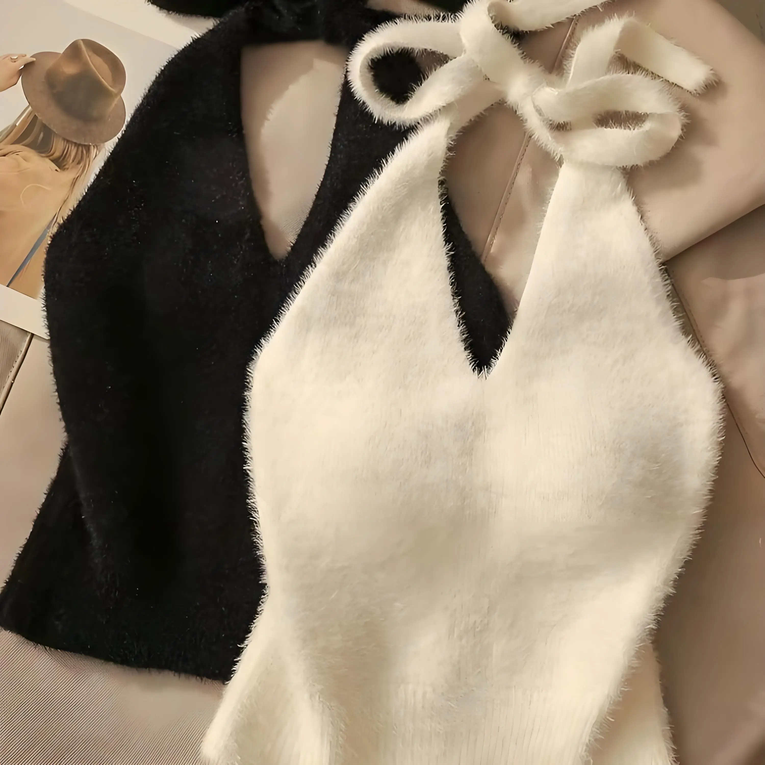 

Fuzz Design Sense Lace-up Tank Top Women Slim Fit Knitted CamisoleVersatile Letter Sleeveless Tops 2025