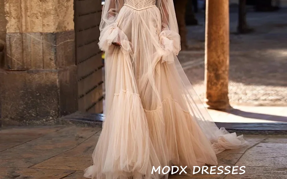 MODX Champagne Boho Wedding Dresses Customized Puff Sleeves Corset Beads Sweetheart Bride Dress Chic Beach Bridal Gown for Women