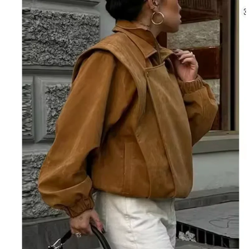 سترة فضفاضة لراكبي الدراجات النارية من جلد الغزال معطف كاجوال أنيق ملابس خارجية شتوية للنساء معطف سترة من جلد الغزال الصناعي البني #2