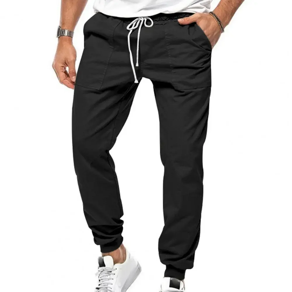 

Solid Color Trousers Soft Casual Men's Pants with Elastic Waist Drawstring Ankle-banded Pockets Ideal for Commute Outdoor