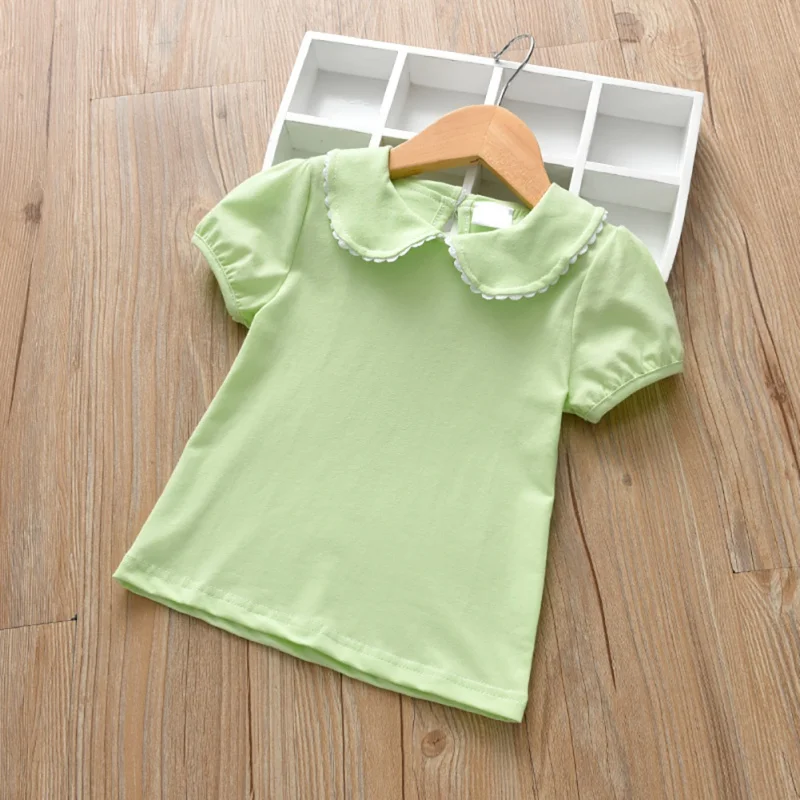 Summer Baby Girl T-shirts Doll Neck Infant Blouse Costume Solid Toddler Short Sleeve Tops Cotton Kids Children Wear 6M-6Y