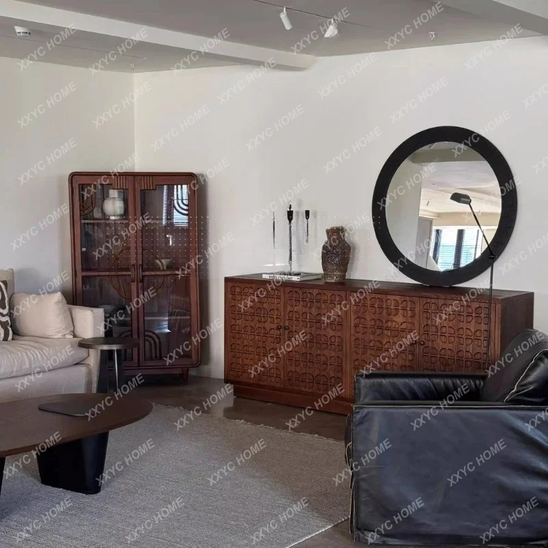 Retro solid wood dining side cabinet design, antique storage in the home wabi-sabi living room, against the wall