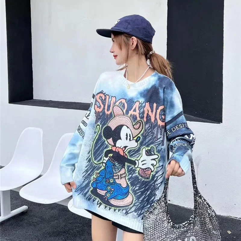 Zware Industrie Hot Diamond Tij Merk Herfst Oversized Gebreide Trui Dames Cartoon Print Faux Nerts Haar Top Herfst Winter