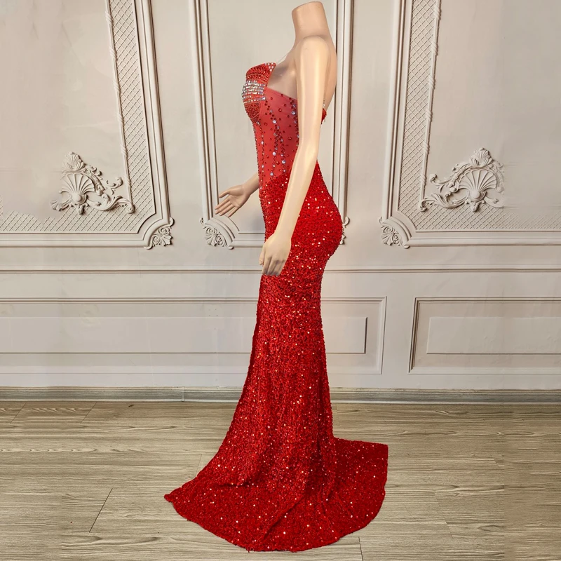 Red Sequins Rhinestones Celebrate Dress Women Singer Party Trailing Dresses Wedding Evening Gown Stage Catwalk Costume XS9530