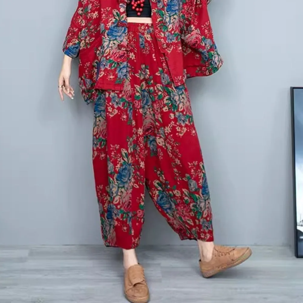 Red Flower Cotton Linen Pumpkin Pants Women 2024 Spring Summer Loose Floral Pant LX1170