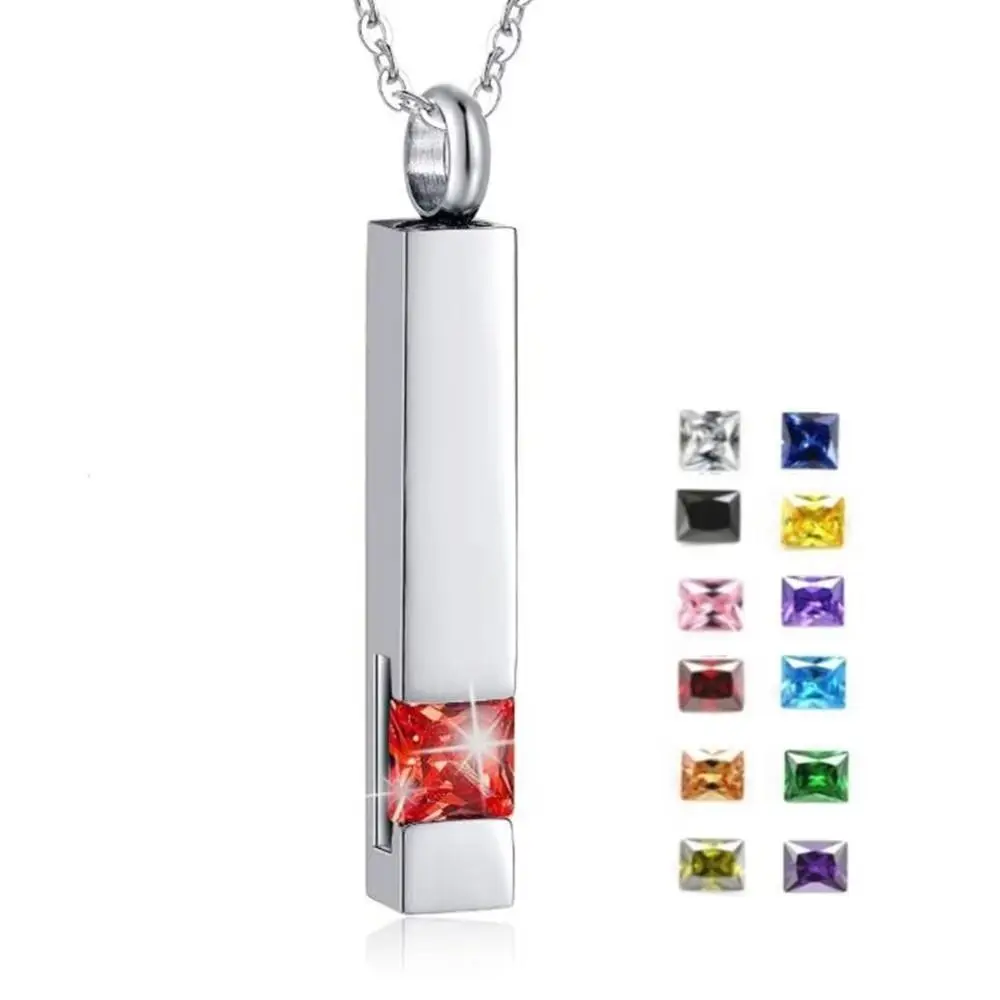 Stainless Steel Zircon Cremation Necklace Long Strip Decorative Keepsake Urn Necklace Fill-able Ashes Necklace Pendant Women
